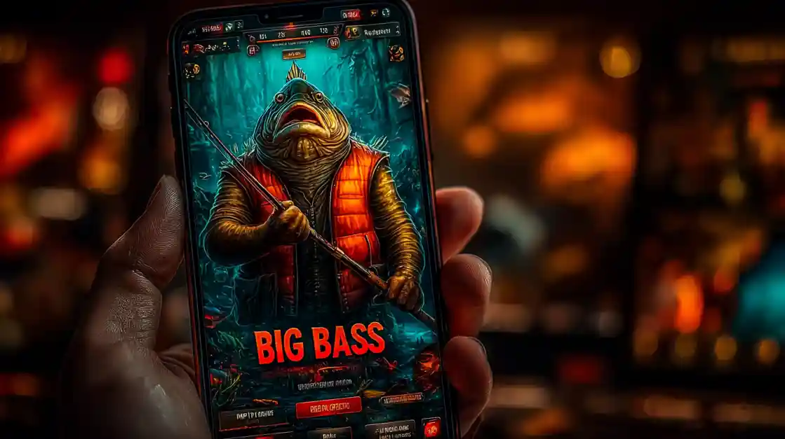 A close-up of a hand holding a smartphone showcasing a BIG BASS fishing game, featuring an anthropomorphic fish character, highlighting the engaging casual games on bd3333.