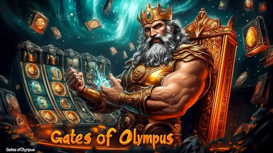A majestic Zeus figure on a golden throne, surrounded by floating cards and a bd3333 slot machine, with Gates of Olympus prominently displayed, inviting players to a mythical gaming experience.