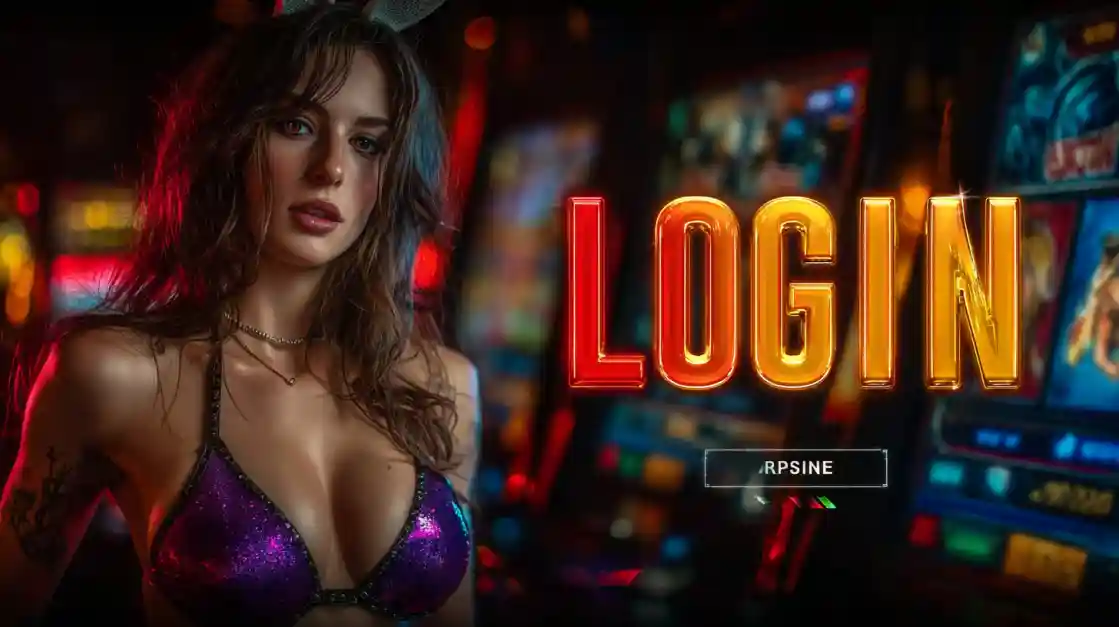 A captivating woman in a shimmering top stands beside a prominent LOGIN interface, with bd3333 slot machines softly blurred in the background, inviting users to enter the world of bd3333.