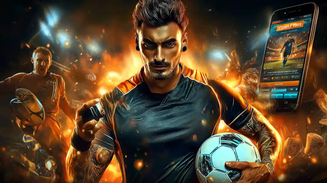 An intense male soccer player with tattoos holds a football, looking confidently at the camera with a bd3333 sports betting app on a phone beside him, all set against a fiery action background.