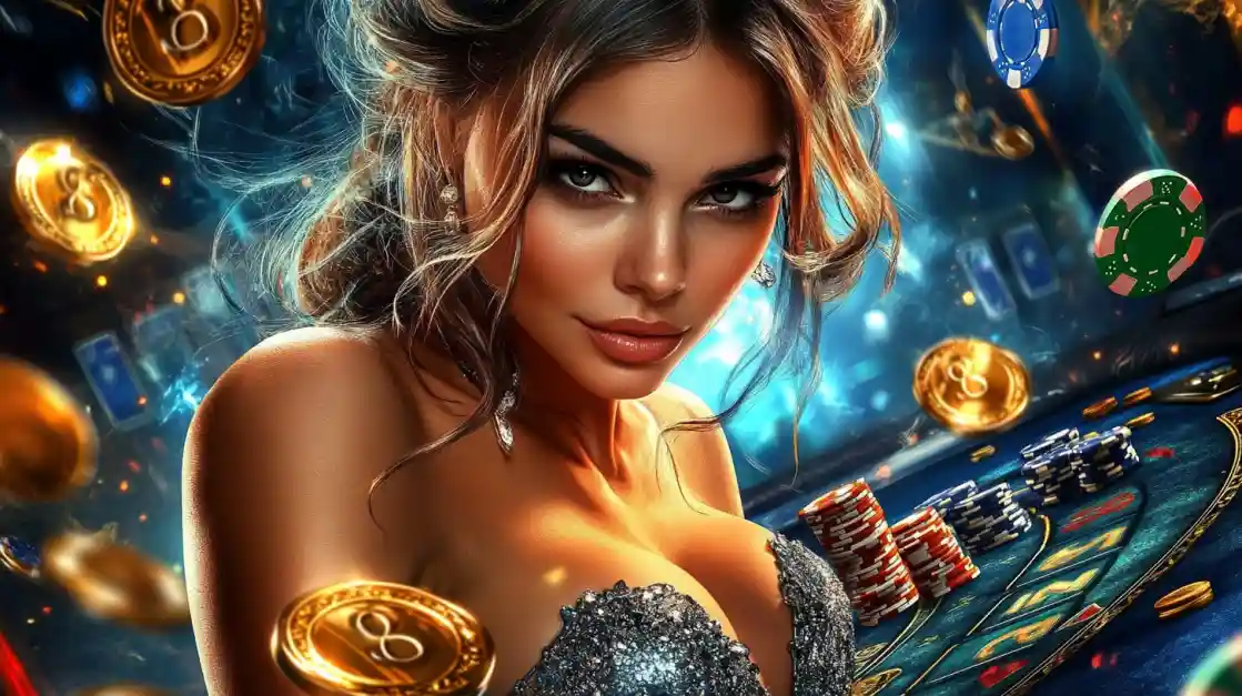 A beautiful woman in a glittering dress gives a captivating look while at a bd3333 casino table, surrounded by floating gold coins, casino chips, and a roulette wheel.