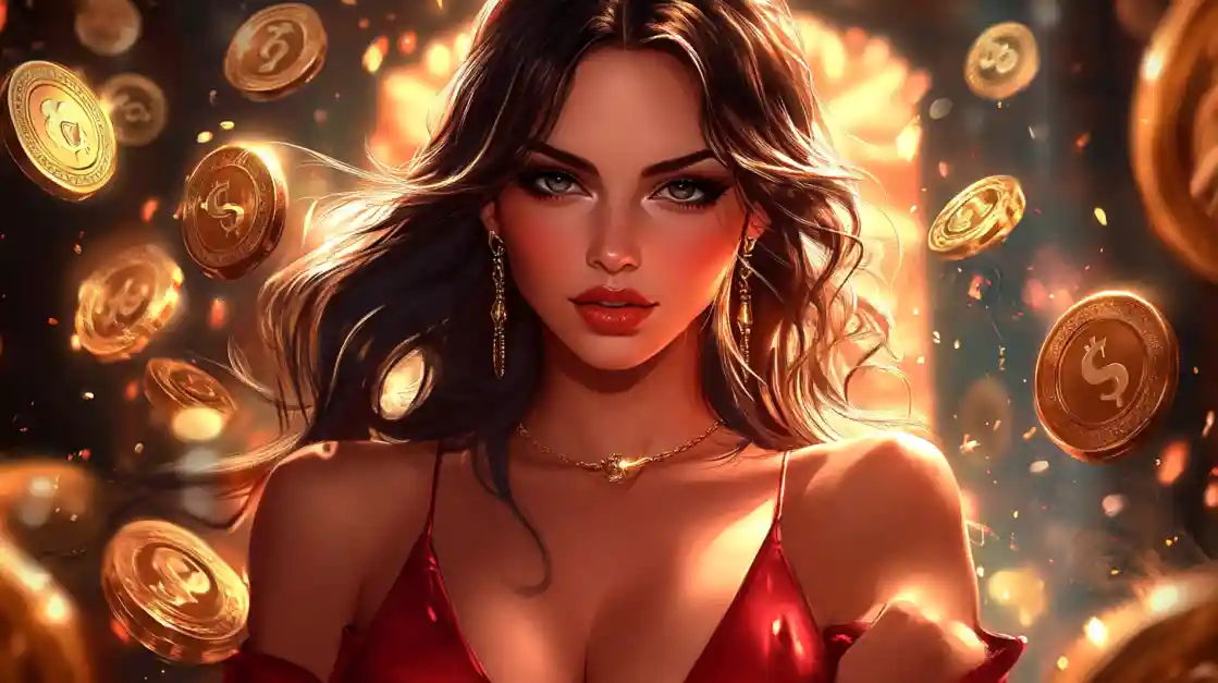 A stunning woman in a red dress, adorned with delicate jewelry, looks directly at the viewer as a shower of golden bd3333 coins rains down around her, symbolizing big wins.