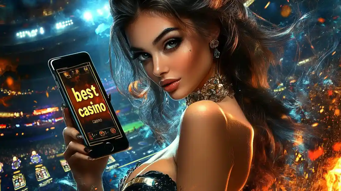 An alluring woman holds a smartphone with the best casino app from bd3333 glowing on the screen, set against the backdrop of a brightly lit stadium and ambient flames.